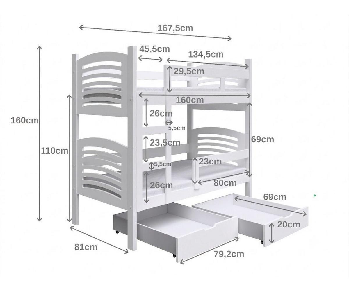 ETAGENBETT OHANA mit Bettkasten 75x160 cm Kieferfarben - Kieferfarben/Grau, Holz (75/160cm) - MASSENO