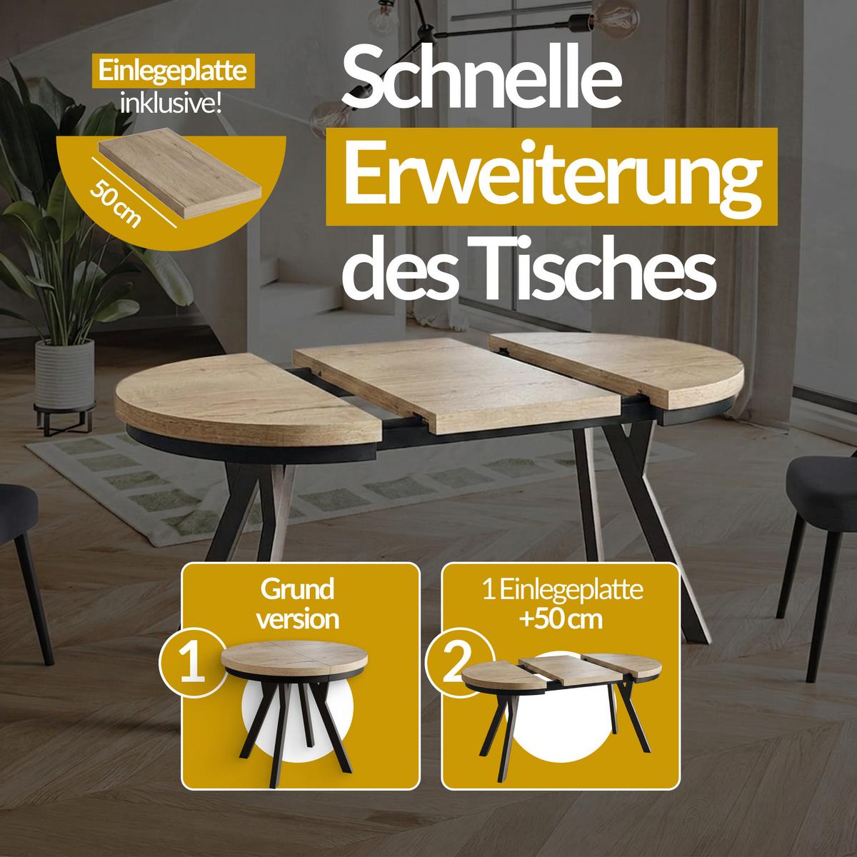 RUNDER Esstisch ausziehbar – Moderner Wohnzimmertisch und Küchentisch – Tisch mit Stabile Konstruktion, Durchmesser 80 cm - 130 cm - Farbe Lancelot - Beige/Schwarz, Holzwerkstoff (80/80/77cm) - Alpi-Möbel