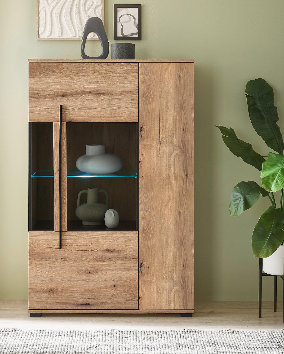HIGHBOARD Eiche Evoke, Vitrine 90 x 140 cm mit LED Beleuchtung - Eichefarben/Schwarz, Glas/Holzwerkstoff (90/140/37cm) - Furn.Design