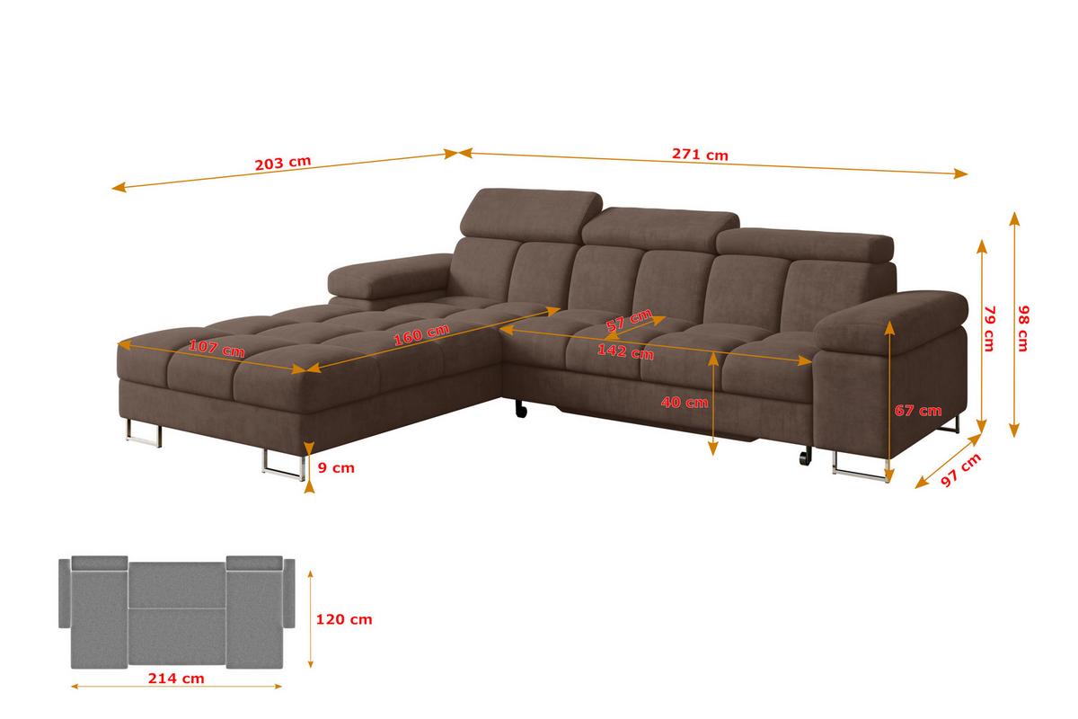 ECKSOFA mit Schlaffunktion Ottomane Links 271x203x79 Braun Velours - Braun, Holzwerkstoff/Textil (271/203cm) - ALTDECOR