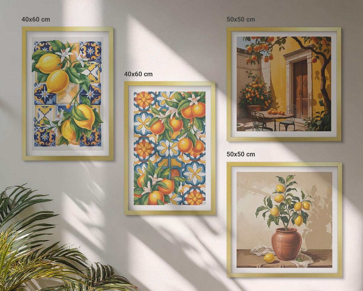 BILDER SET 4er Set - 50x50 cm & 40x60 cm Goldrahmen - Zitronenorange Blütenmuster - Goldfarben, Kunststoff (50/50cm) - TULUP