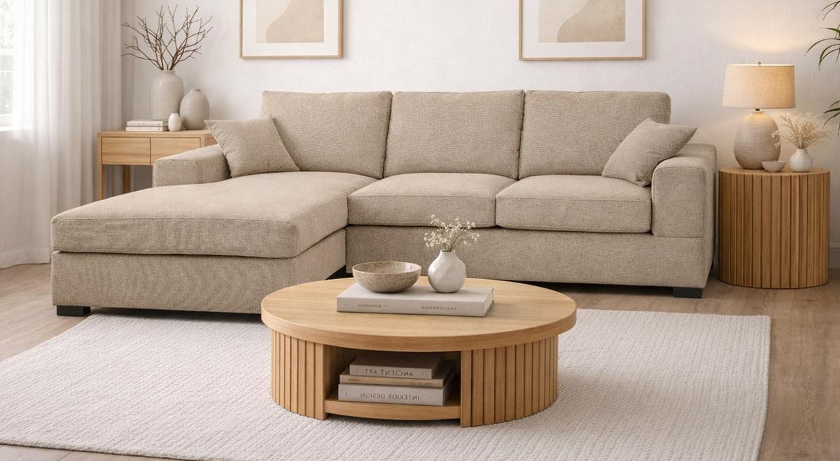 SOFA beige Strukturstoff 308 cm, Ecksofa 5-Sitzer, L-Sofa Ottomane links - Beige/Schwarz, Holz/Textil (308/186cm) - Inn.Furn