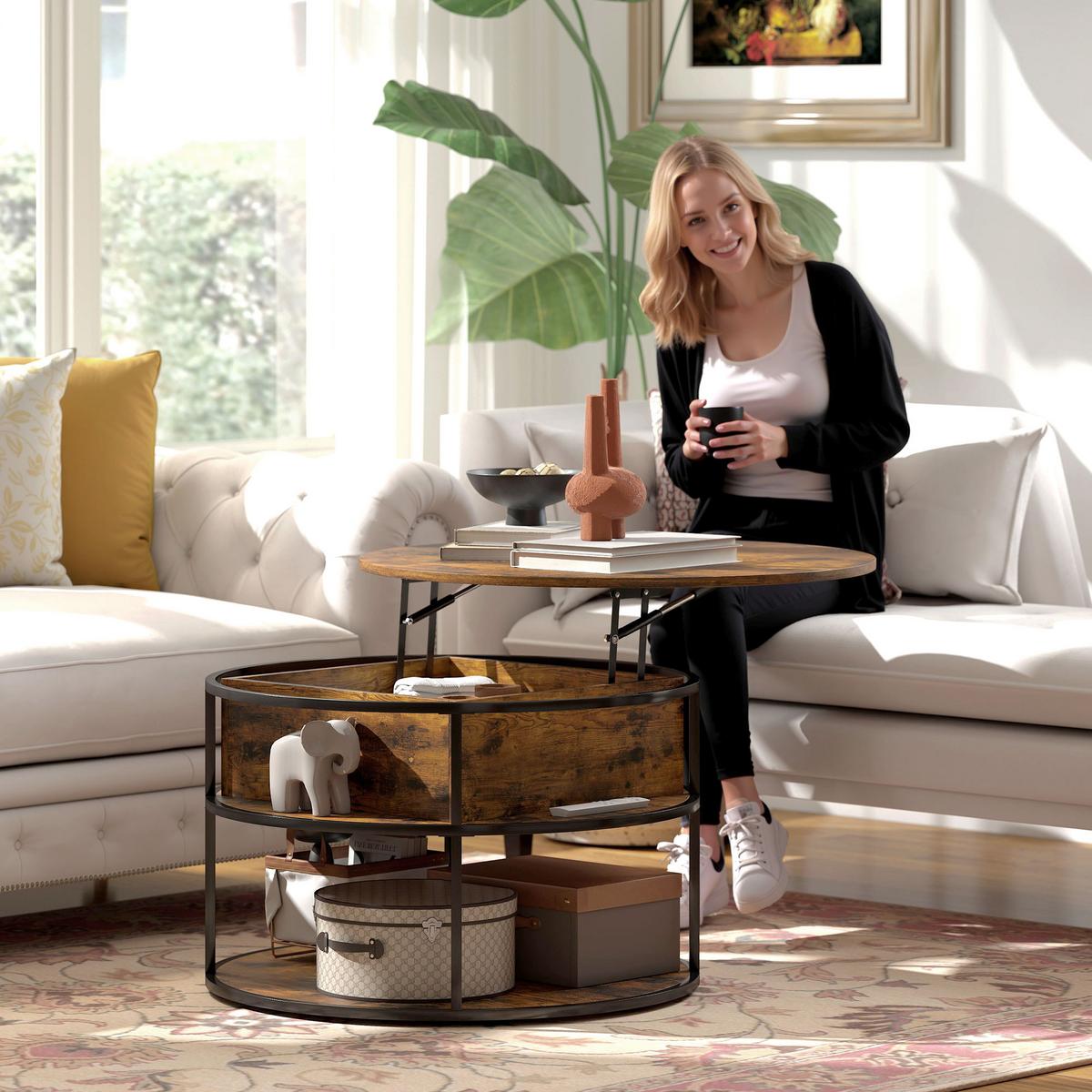 COUCHTISCH höhenverstellbar Wohnzimmertisch mit Ablagefläche, Braun - Braun, Metall (80/80/61.5cm) - HOMCOM