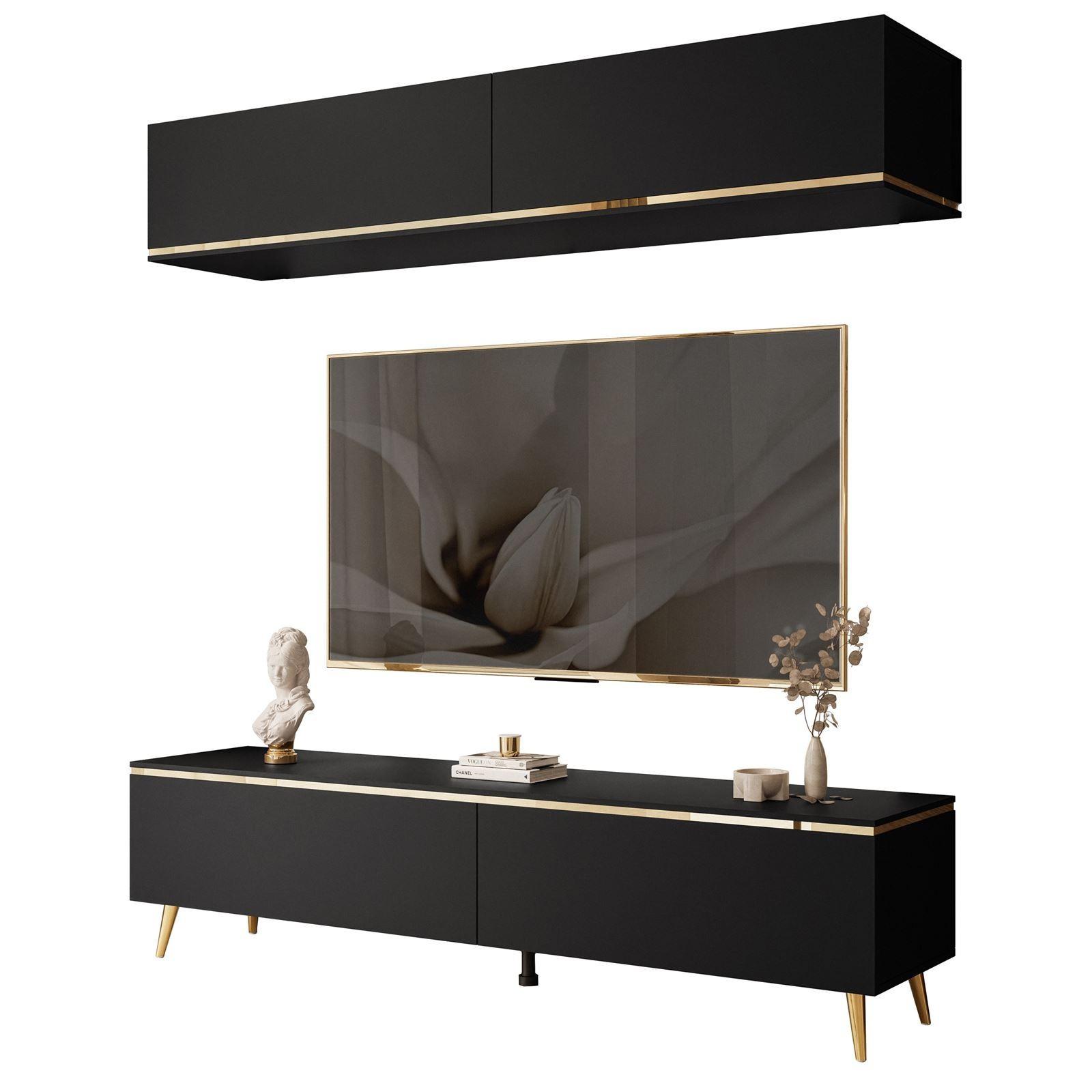 WOHNWAND AURORA in Schwarz Matt mit schräge Goldchrom Fuße - Goldfarben/Schwarz, Holzwerkstoff/Metall (180/45/40cm) - Lookway