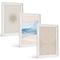 BILDER SET 3er Set - 40x60 cm Weißer Rahmen - Sonnenwellen abstrakte Linien Pastell - Weiß, Kunststoff (40/60cm) - TULUP