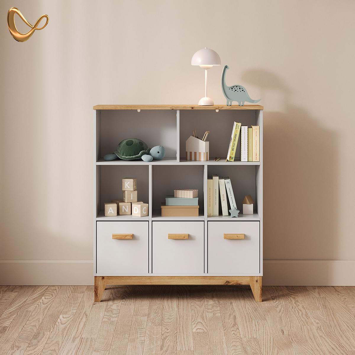 KINDERREGAL Mailo Weiß/Artisan 98.4 x 113.4 cm XL mit 3 Schubladen - Weiß/Eiche Artisan, Holzwerkstoff (98.4/113.4/32.6cm) - Livinity®