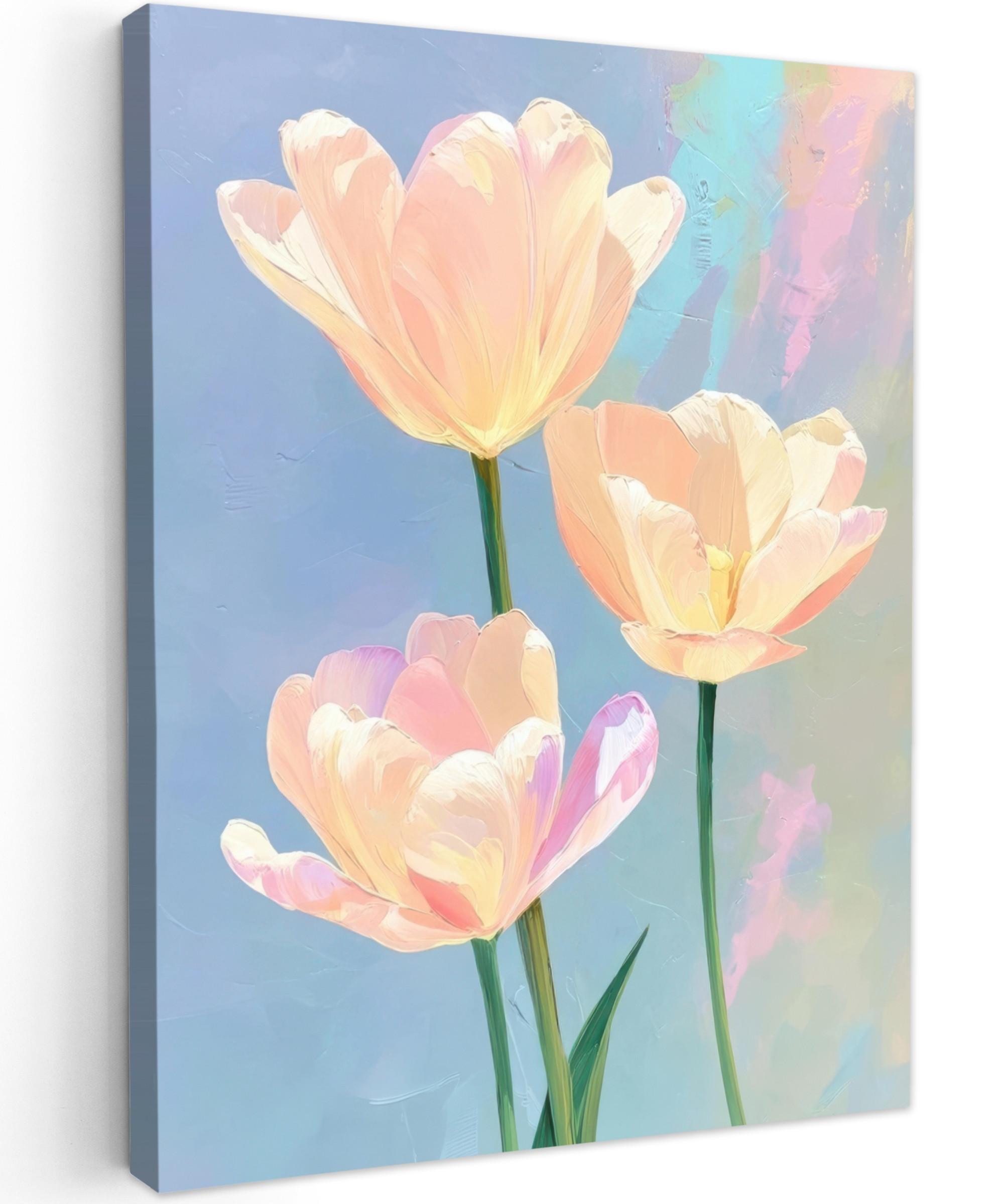 LEINWANDBILD Tulpen - Rosa Akzente - Blau Room Decor 30x40 cm - Pastellblau, Textil (30/40cm) - MuchoWow
