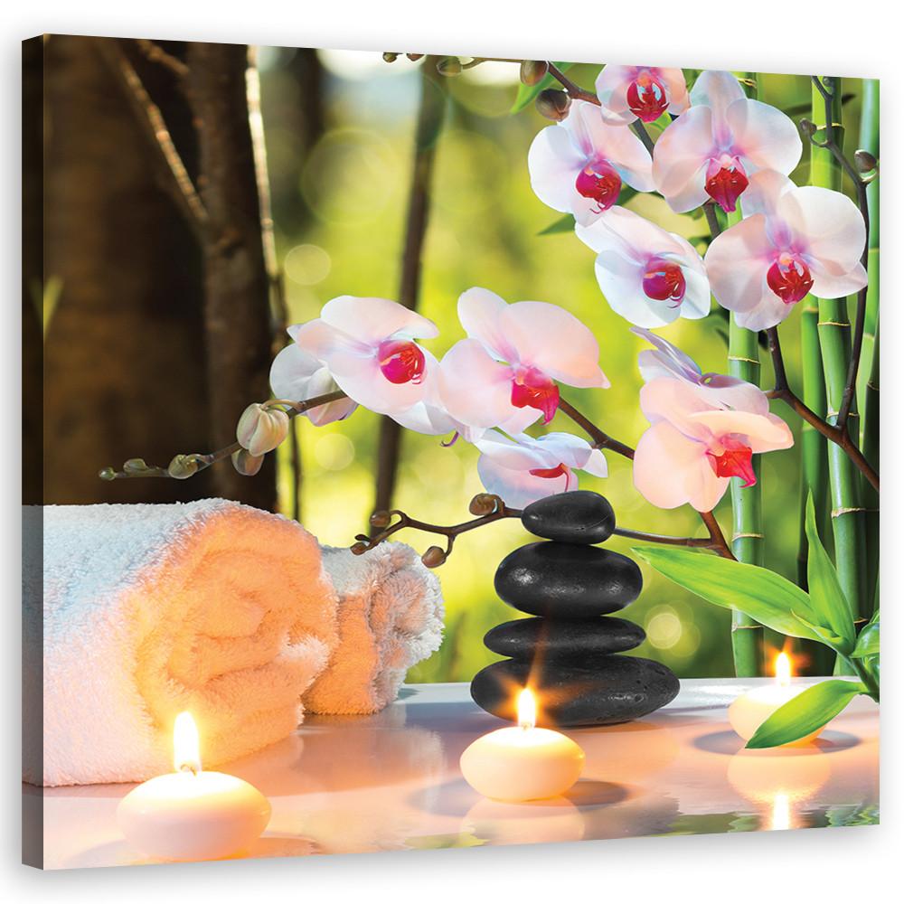 WANDBILD spa kerzen orchidee blumen - Pink, Textil (50/50cm) - Feeby