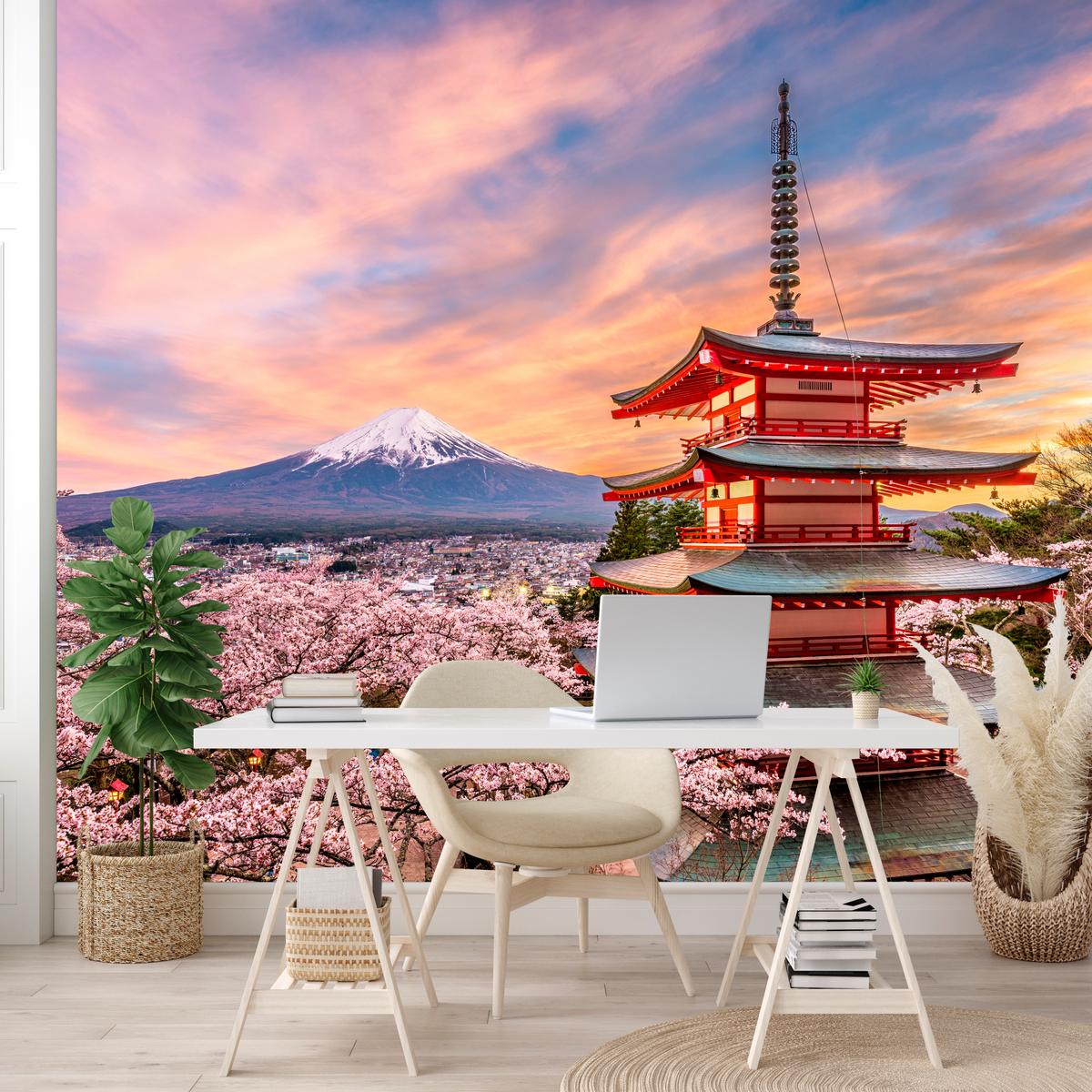 FOTOTAPETE für Wohnzimmer Japanische Pagode Frühling Sonnenuntergang 300x210 - Rot/Violett, Papier (300/210cm) - Muralo