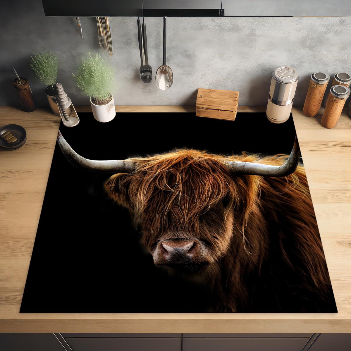 HERDABDECKPLATTE Schottischer Highlander - Hörner - Schwarz - Tiere - Natur - Wild - Kuh Induktionsmatte 78x78 cm - Cognac, Kunststoff (78/78/0.2cm) - MuchoWow