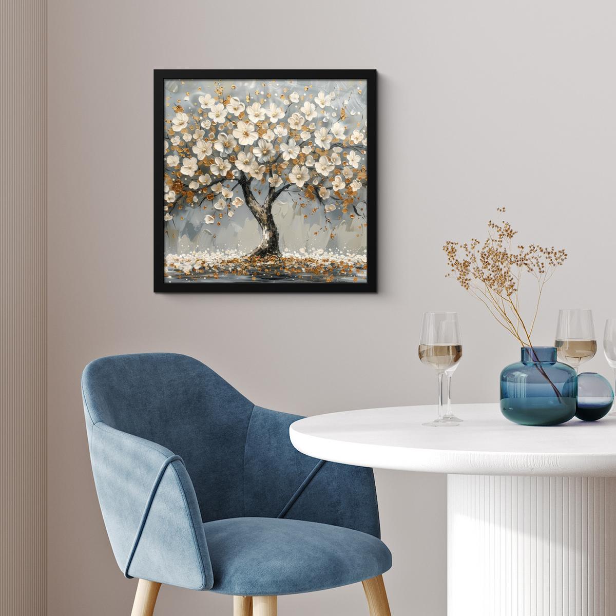 POSTER MIT RAHMENGERAHMTES BILD Baum - Blumen - Weiß - Natur - Kunst 40x40 cm - Weiß, Papier (40/40cm) - MuchoWow