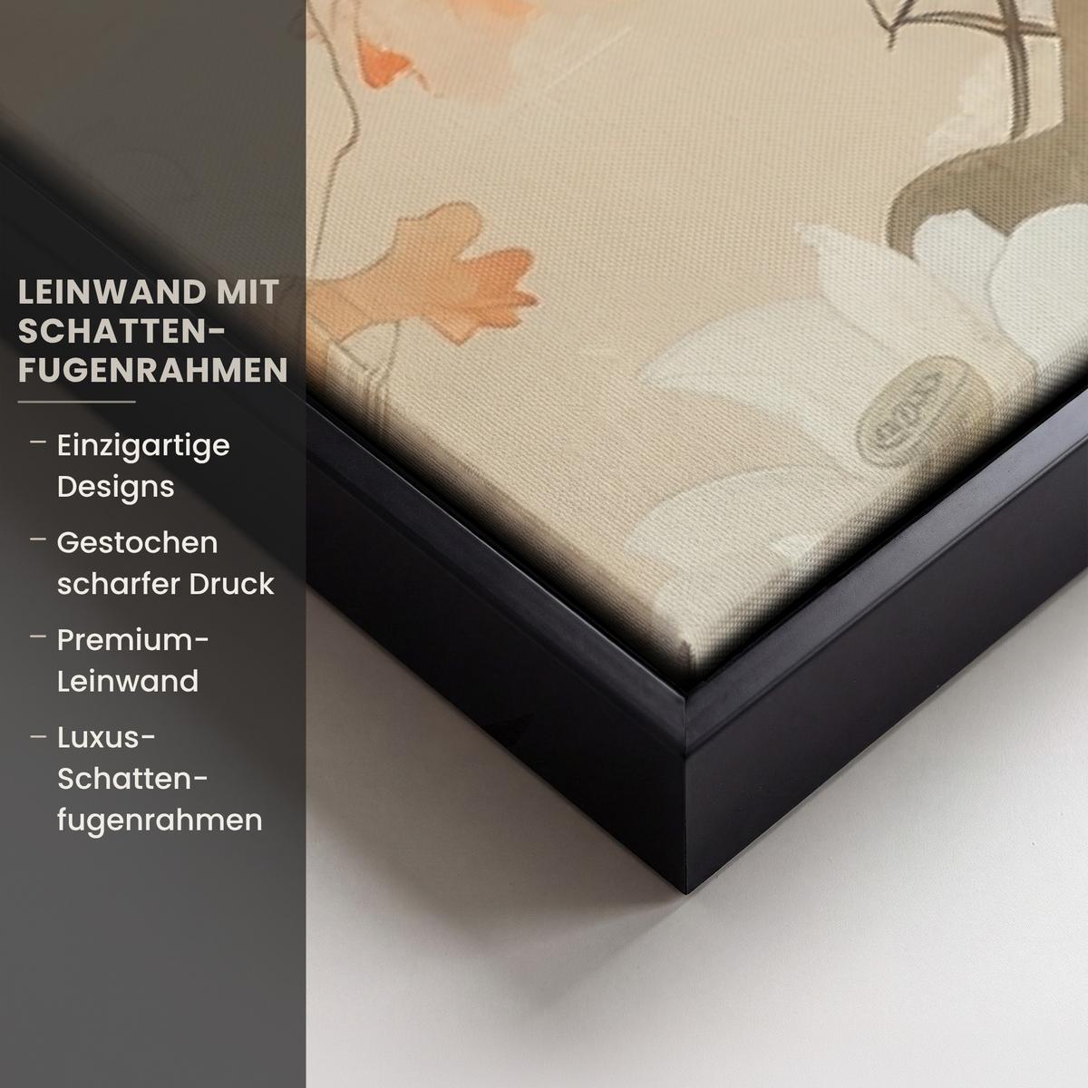 LEINWAND Bilder mit Rahmen - Blumen - Japandi - Wabi sabi - 90x60 - Sandfarben, Textil (90/60cm) - MuchoWow