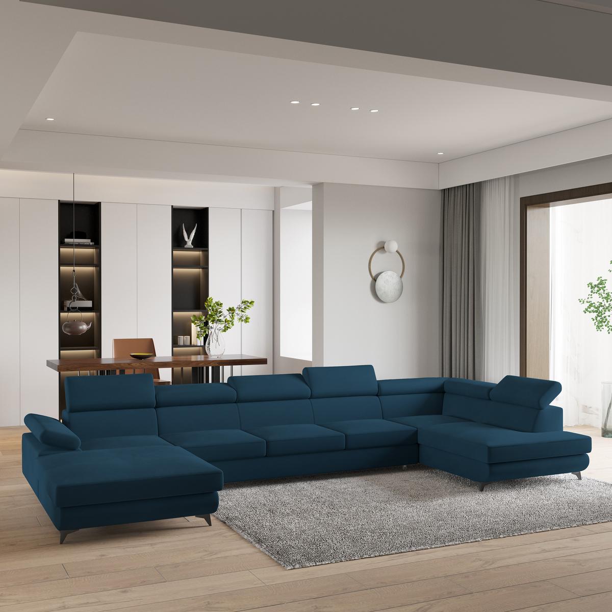 WOHNLANDSCHAFT MONTIVA Blau Velours-Stoff mit Schlaffunktion - Blau, Holz (410/89/190cm) - MASSENO