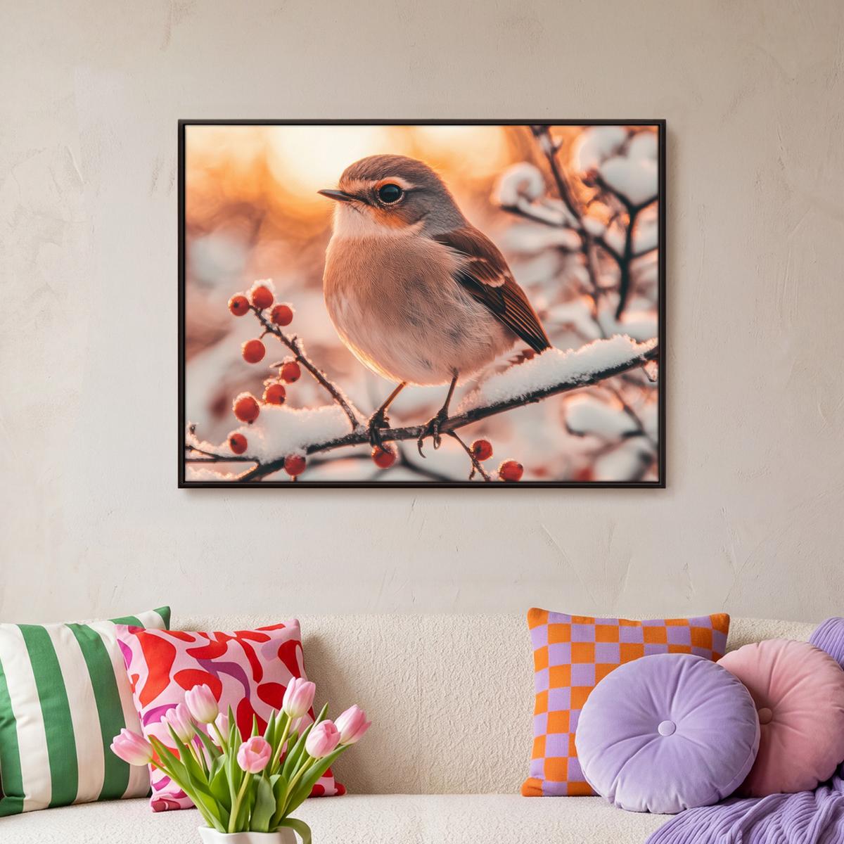 LEINWAND Bilder mit Rahmen - Vogel - Zweig - Winter - Tiere - Schnee - 70x50 - Bernsteinfarben, Textil (70/50cm) - MuchoWow