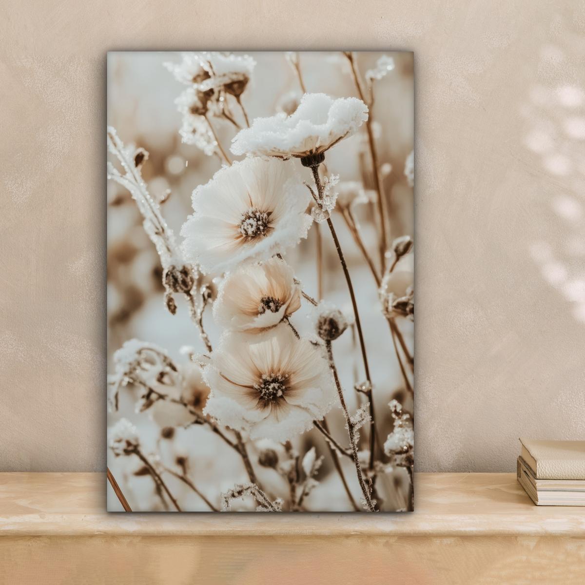 LEINWANDBILD Blumen - Winter - Weiß - Schnee - Beige Deko Wohnzimmer 20x30 cm - Creme, Textil (20/30cm) - MuchoWow
