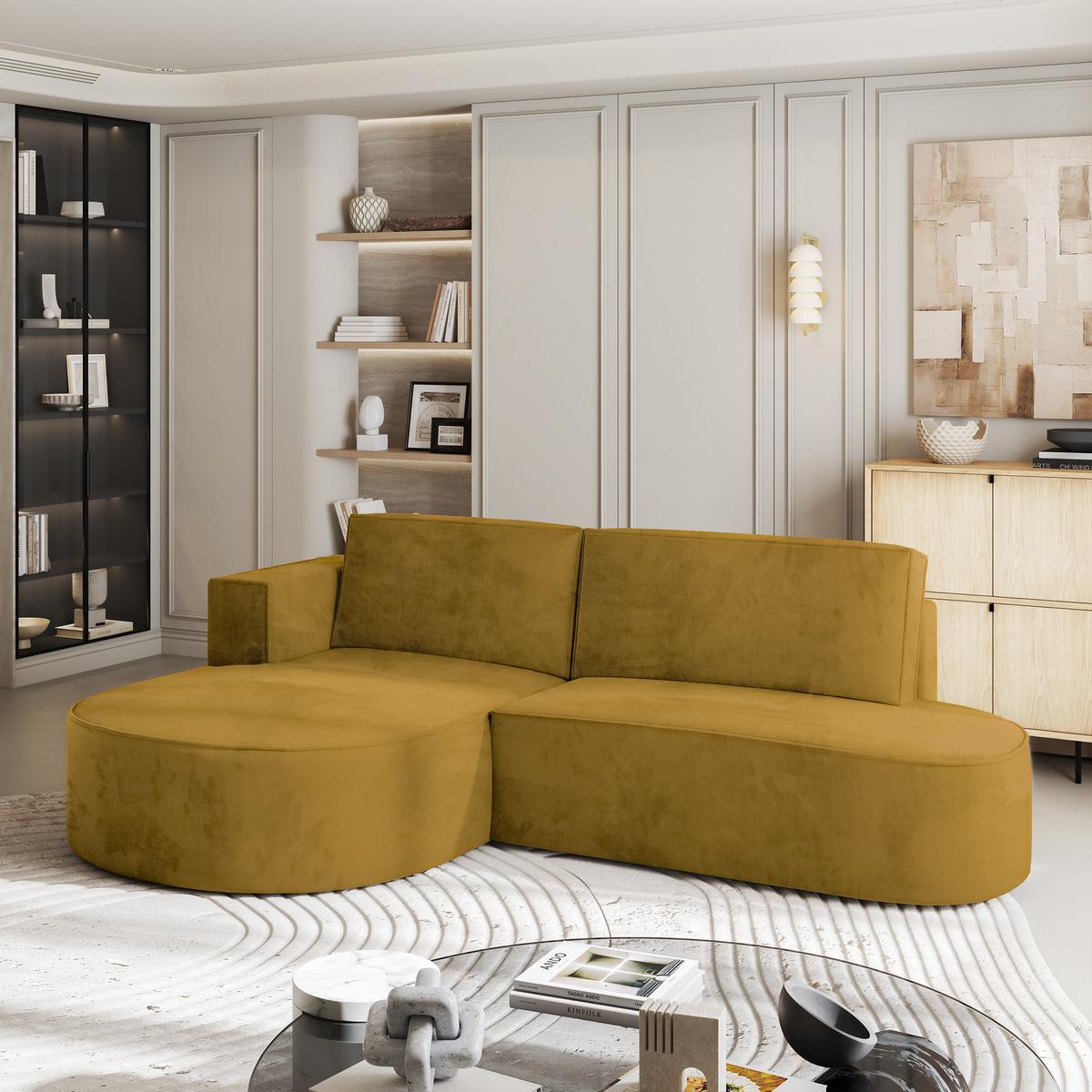 ECKSOFA CORTIO M L-S Gelb Velours-Stoff mit Schlaffunktion - Gelb/Grau, Holz/Kunststoff (265/174cm) - MASSENO