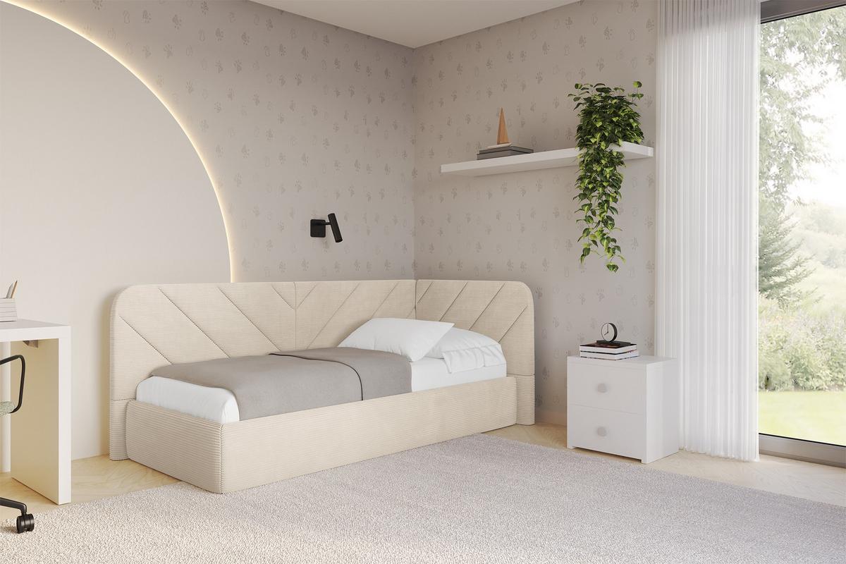 EINZELLBETT Jugendbett mit Bettkasten, Links - FIKY 80x200 Beige - Creme, Holzwerkstoff/Textil (80/200cm) - ALTDECOR