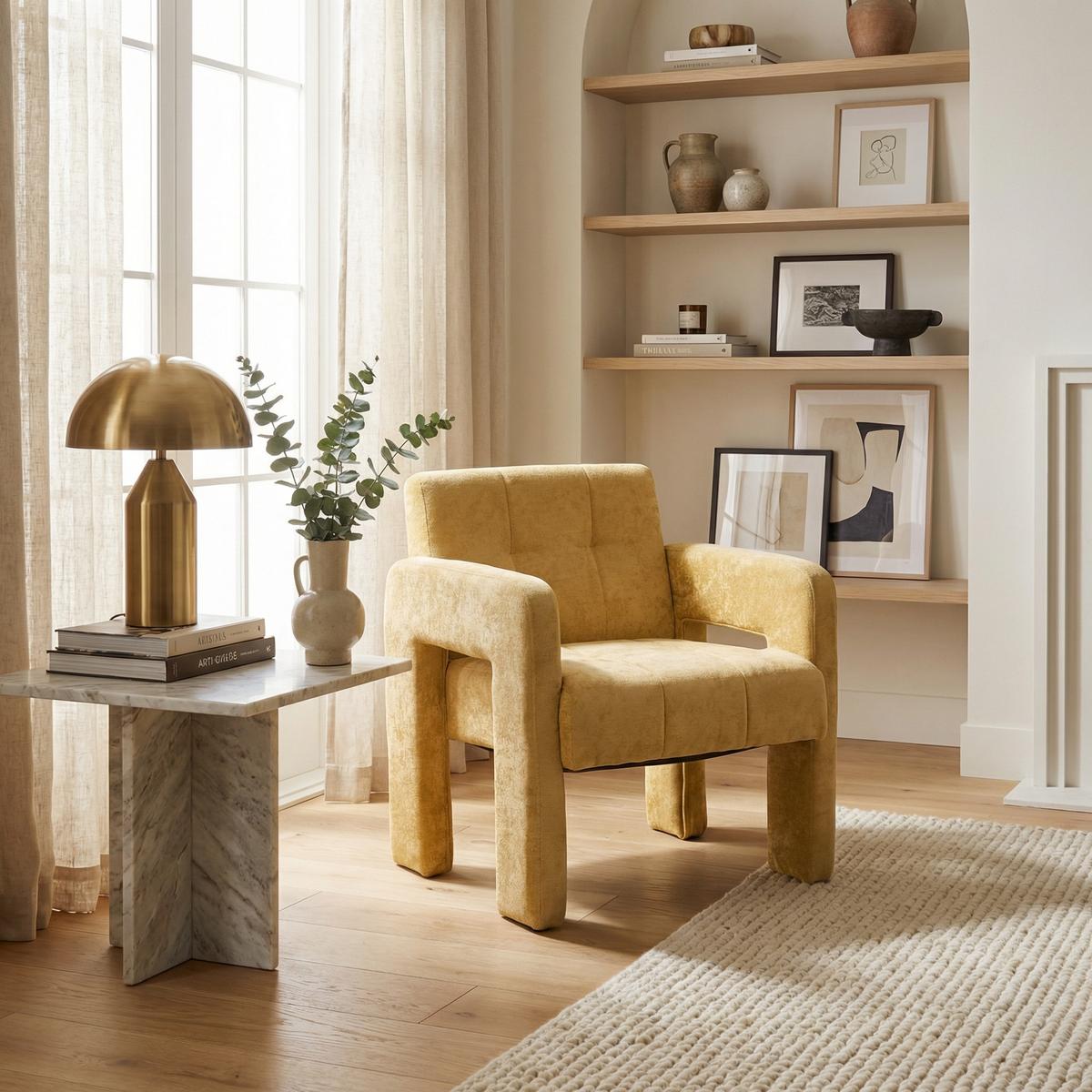 SESSEL Nordic Style aus Chenille mit ergonomischen Armlehnen - Gelb, Textil (67/74/69cm) - Urban Meuble