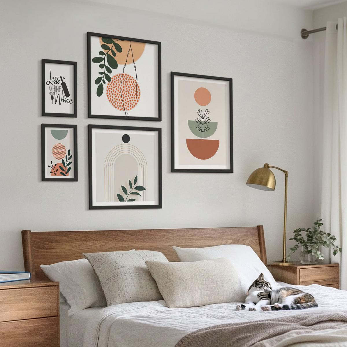 BILDER SET 5er Set - 50x50 cm & 20x30 cm & 40x60 cm Schwarzer Rahmen - Abstrakte Pflanzenformen - Schwarz, Kunststoff (40/60cm) - TULUP