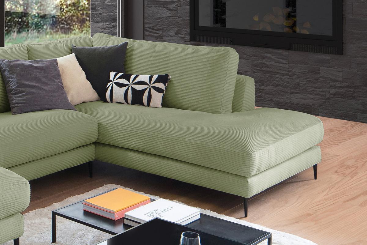 WOHNLANDSCHAFT CARA Grün Cord - Schwarz/Olivgrün, Textil (341/84/223cm) - KAWOLA