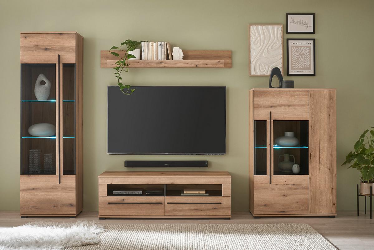 HIGHBOARD Eiche Evoke, Vitrine 90 x 140 cm mit LED Beleuchtung - Eichefarben/Schwarz, Glas/Holzwerkstoff (90/140/37cm) - Furn.Design