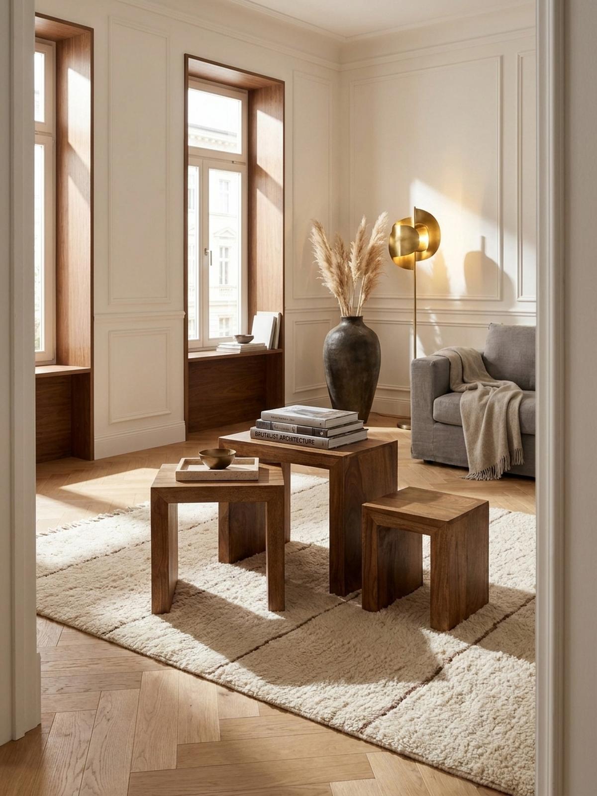 BEISTELLTISCH 3er Set Massivholz Platzsparend Handgefertigt, Beige 50x30x50 cm - Beige, Holz (30/50/50cm) - KADIMA DESIGN
