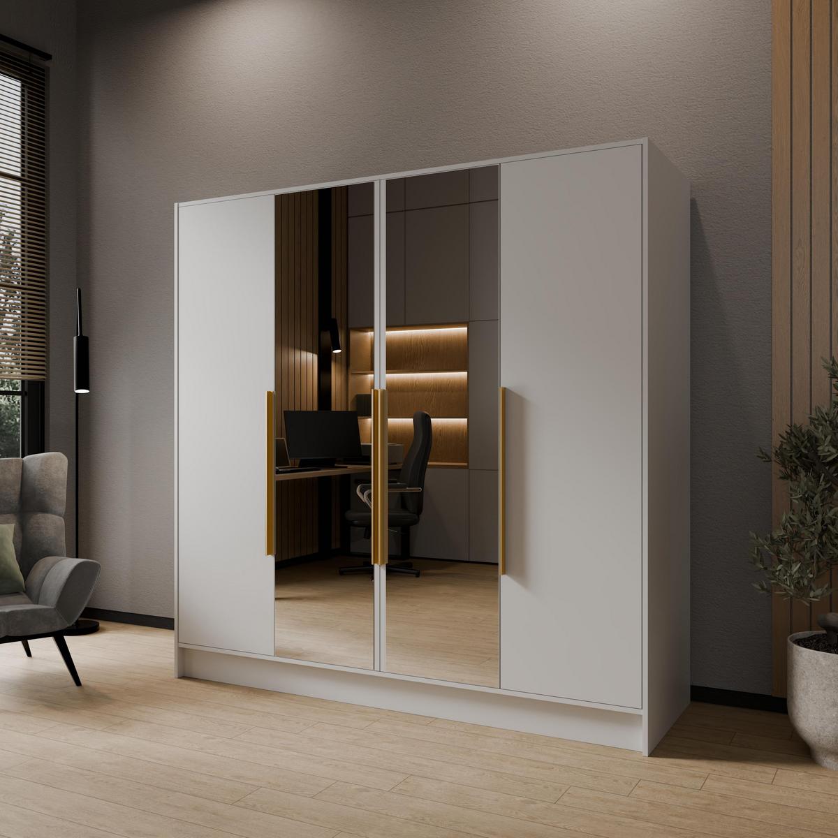 DREHTÜRENSCHRANK RENVO 200/200/51 cm Modern Kleiderschrank 4-türig mit Spiegel Weiß - Weiß, Holzwerkstoff (200/200/51cm) - MASSENO