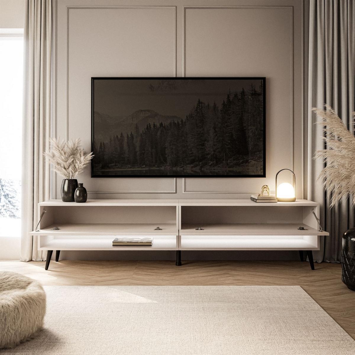 LOWBOARD TV-Schrank CALANTE 180 cm auf schrägen schwarzen Beinen - Beige/Schwarz, Holzwerkstoff/Metall (180/43/35cm) - Lookway