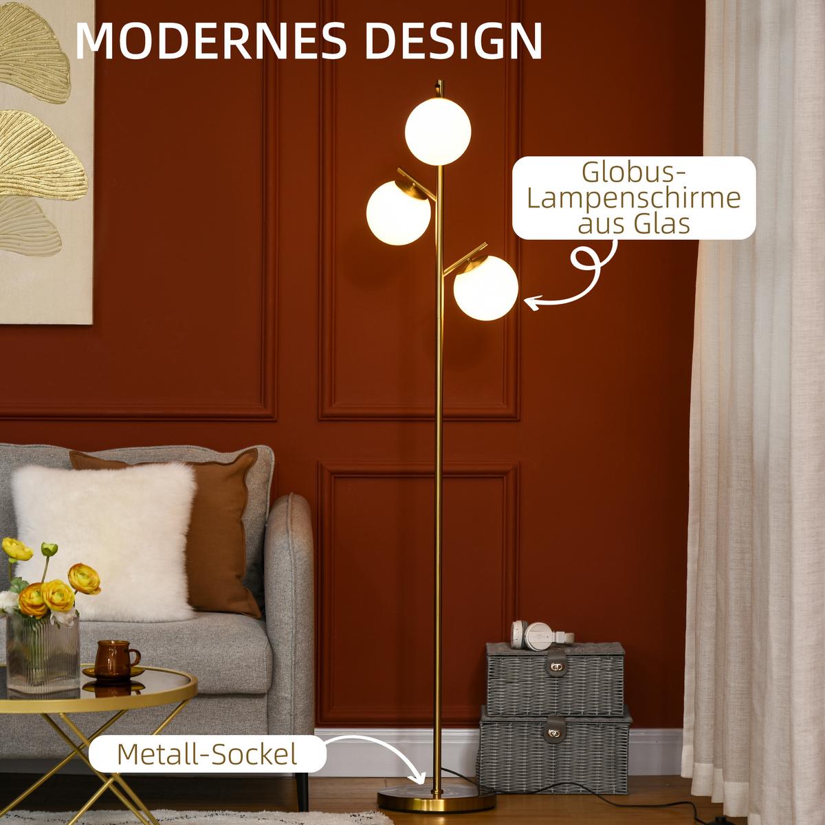 STEHLEUCHTE, Stehlampe, 40 W Standlampe mit E27 Fassung, Metall, ohne Glühbirne - Goldfarben, Metall (27/27/169cm) - HOMCOM