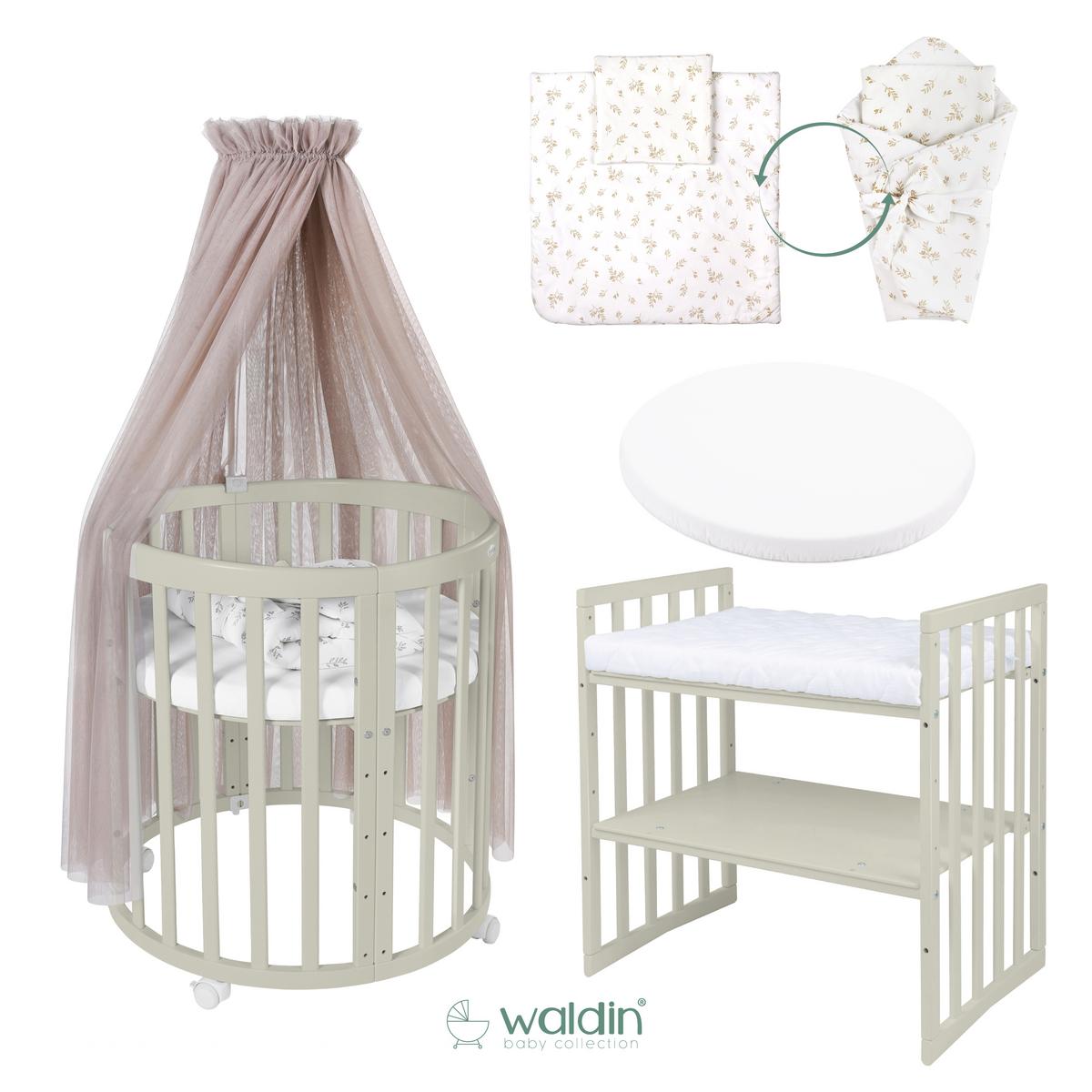 BABYBETT OLIVE OVAL 7in1 mit Matratze und Himmelset - Taupe/Olivgrün, Holz/Textil (73/125cm) - waldin
