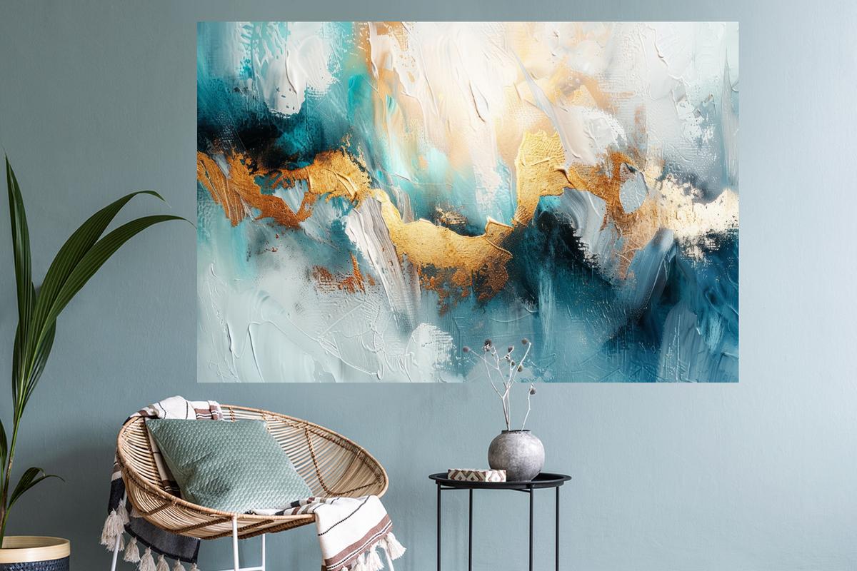 WANDTATTOO Abstrakt - Kunst - Gold - Blau Wandsticker 120x80 cm - Petrol, Kunststoff (120/80/0.1cm) - MuchoWow