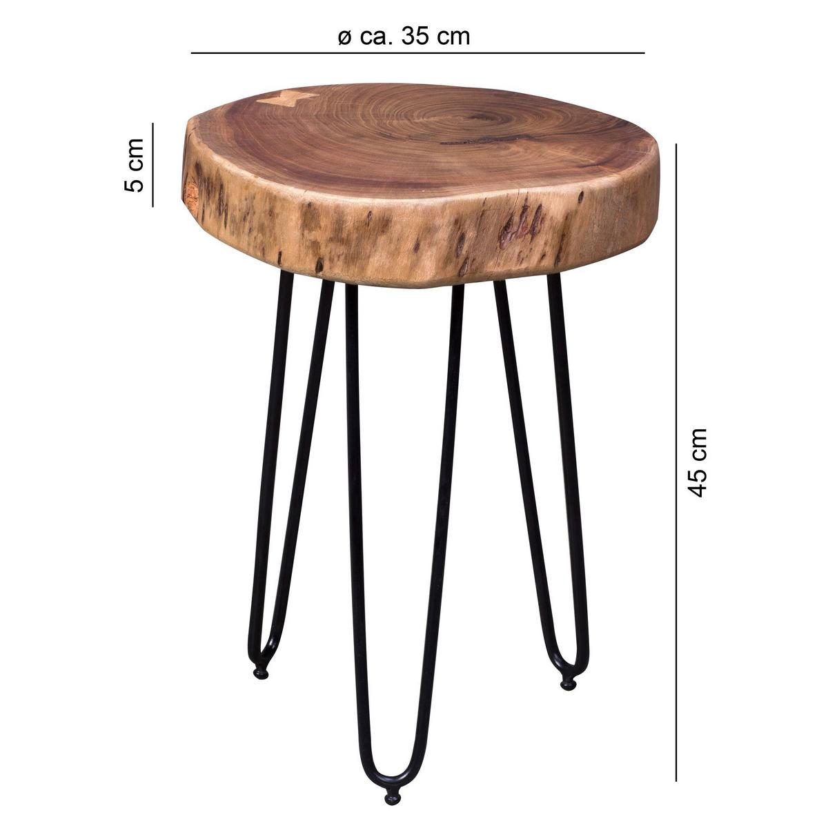 BEISTELLTISCH Massivholz Rund Baumkante BAGLI, Akazie 35x35x45 cm - Schwarz/Akaziefarben, Holz/Metall (35/35/45cm) - KADIMA DESIGN