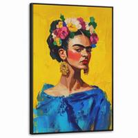 LEINWAND Bilder mit Rahmen - Frida Kahlo - Frau - Gelb - Blau - Blumen - 90x140 - Gelb, Textil (90/140cm) - MuchoWow