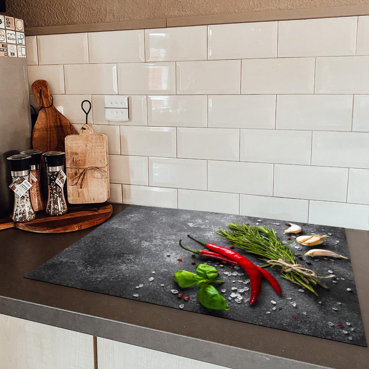 HERDABDECKPLATTE Pfeffer - Kräuter - Gewürze - Beton Herdabdeckung Induktionsfeld 75x52 cm - Rot, Kunststoff (75/52/0.2cm) - MuchoWow