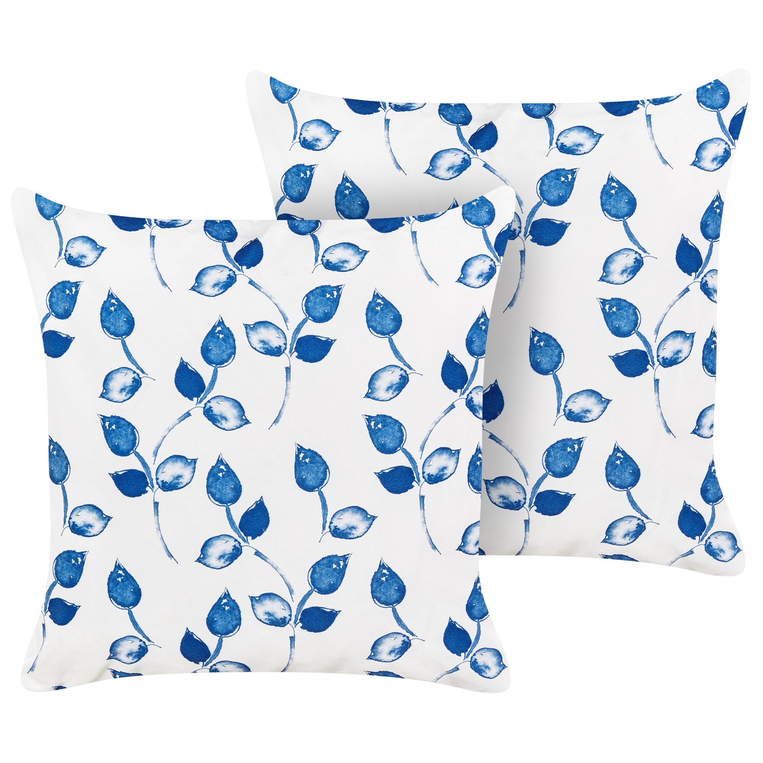 GARTENKISSEN 2er-Set Blattmotiv weiß/blau 45/45 cm Torbora - Weiß, Textil (45/45cm) - Beliani