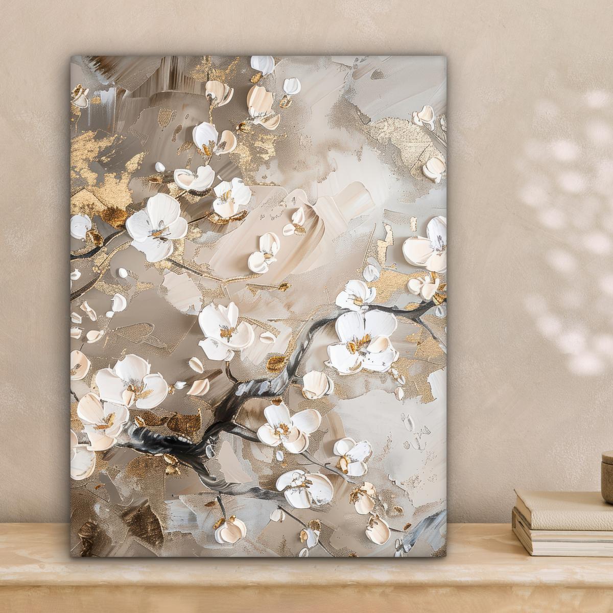 LEINWANDBILD Blumen - Weiß - Gold - Beige - Luxus Room Decor 30x40 cm - Greige, Textil (30/40cm) - MuchoWow