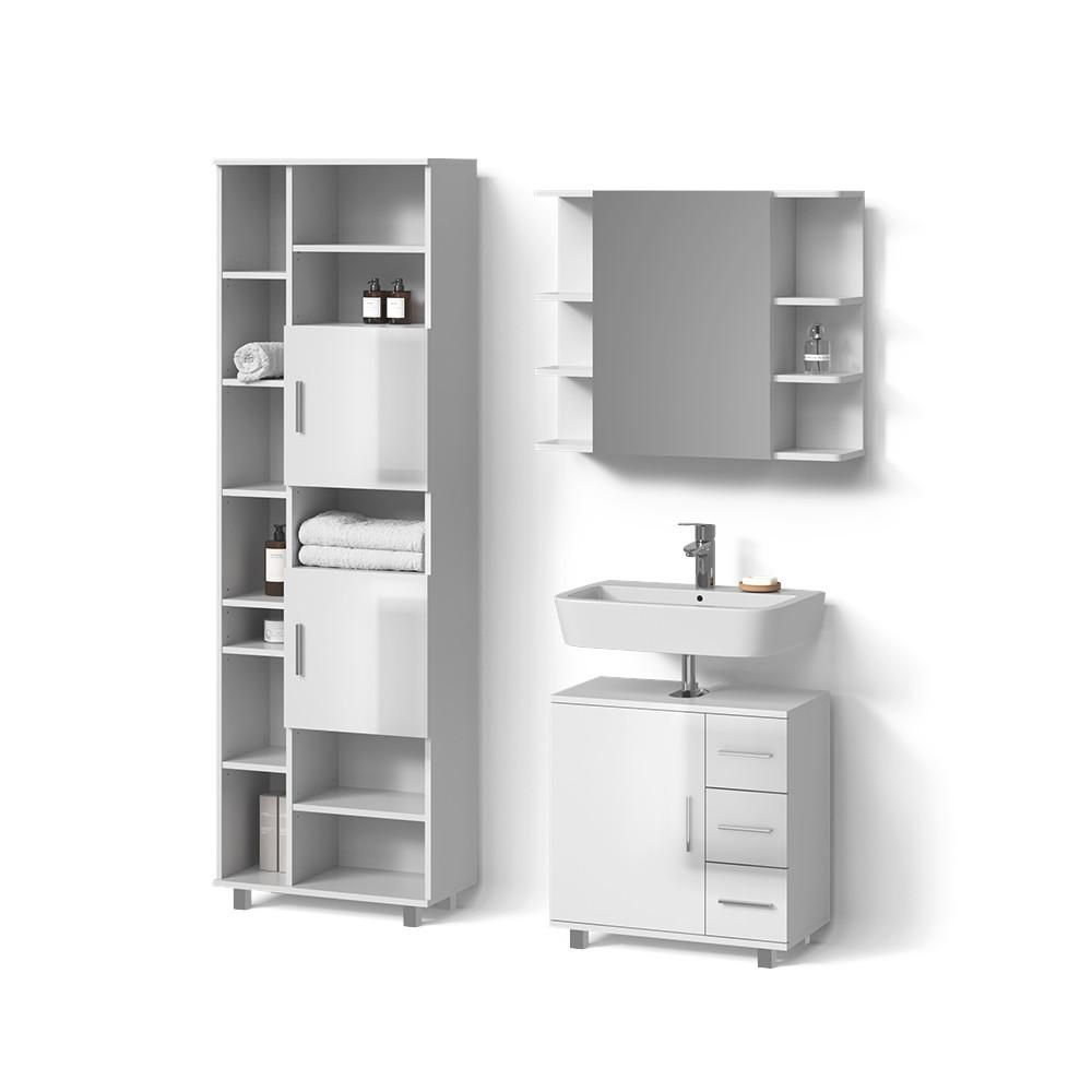 BADMÖBEL-SET Eisak Weiß Hochglanz 3 Teile, mit Hochschrank - Weiß Hochglanz, Holzwerkstoff (60/60/33cm) - Livinity®