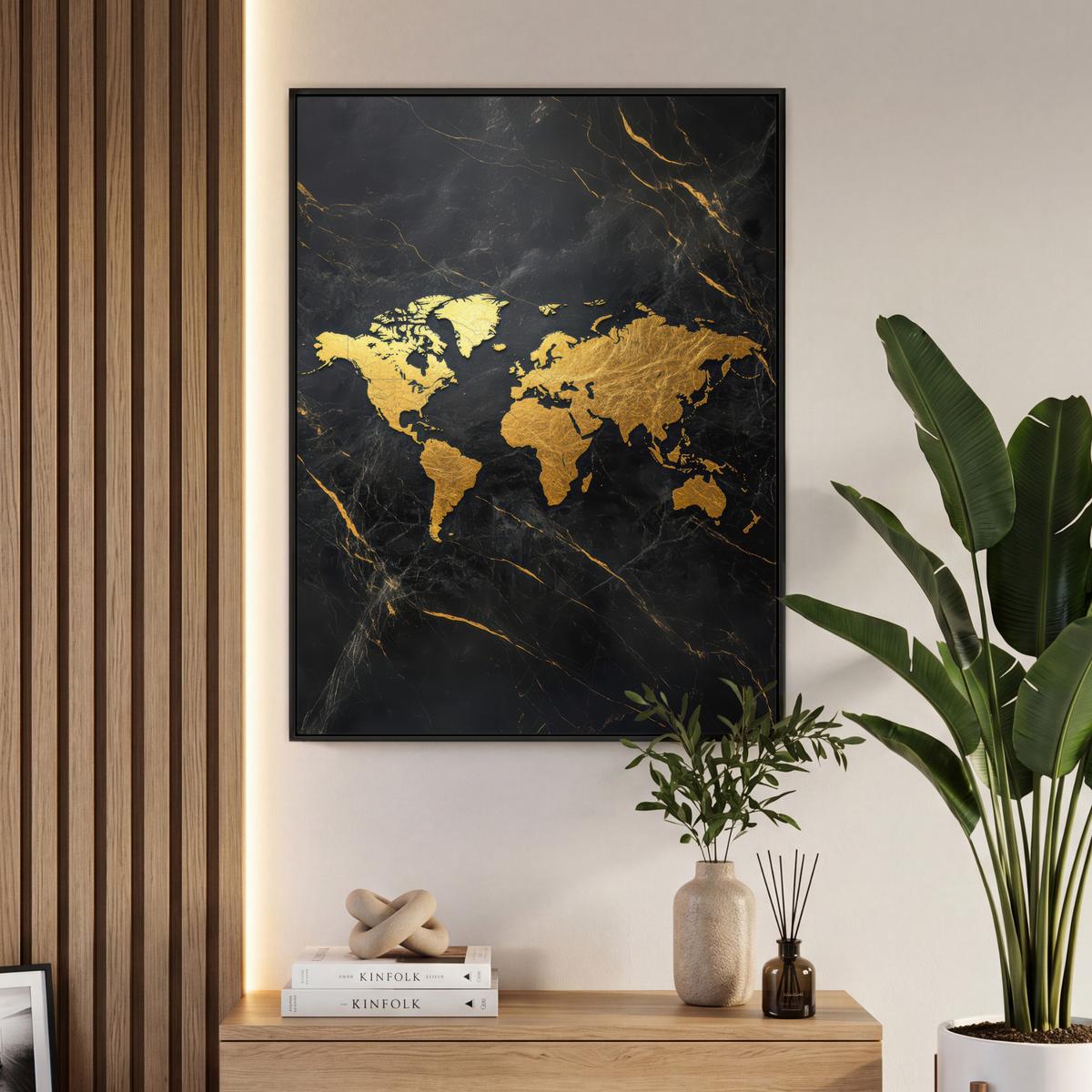 LEINWAND Bilder mit Rahmen - Weltkarte - Gold - Marmor - 70x100 - Goldfarben, Textil (70/100cm) - MuchoWow