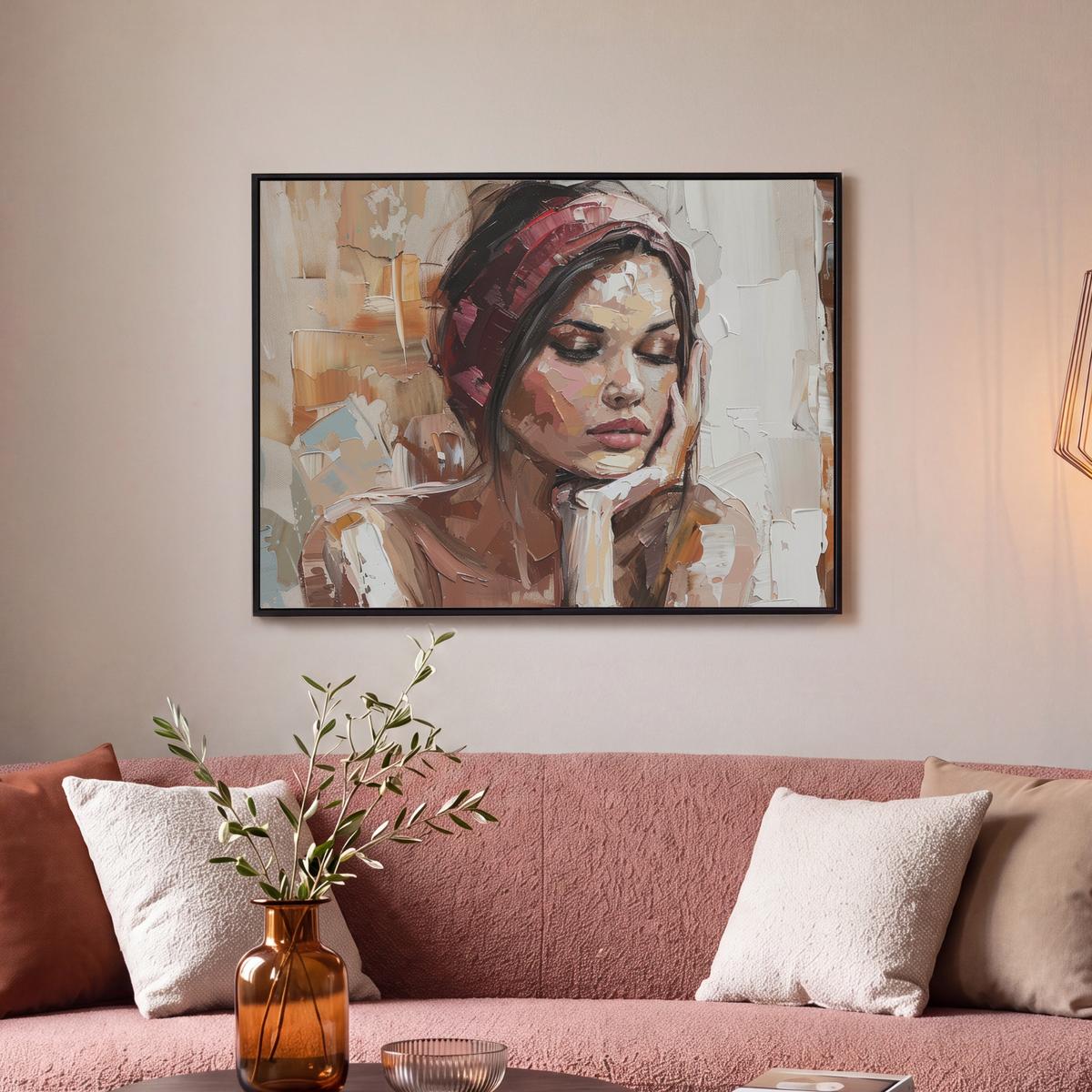 LEINWAND Bilder mit Rahmen - Frau - Lackierung - Porträt - Modern - 70x50 - Altrosa, Textil (70/50cm) - MuchoWow
