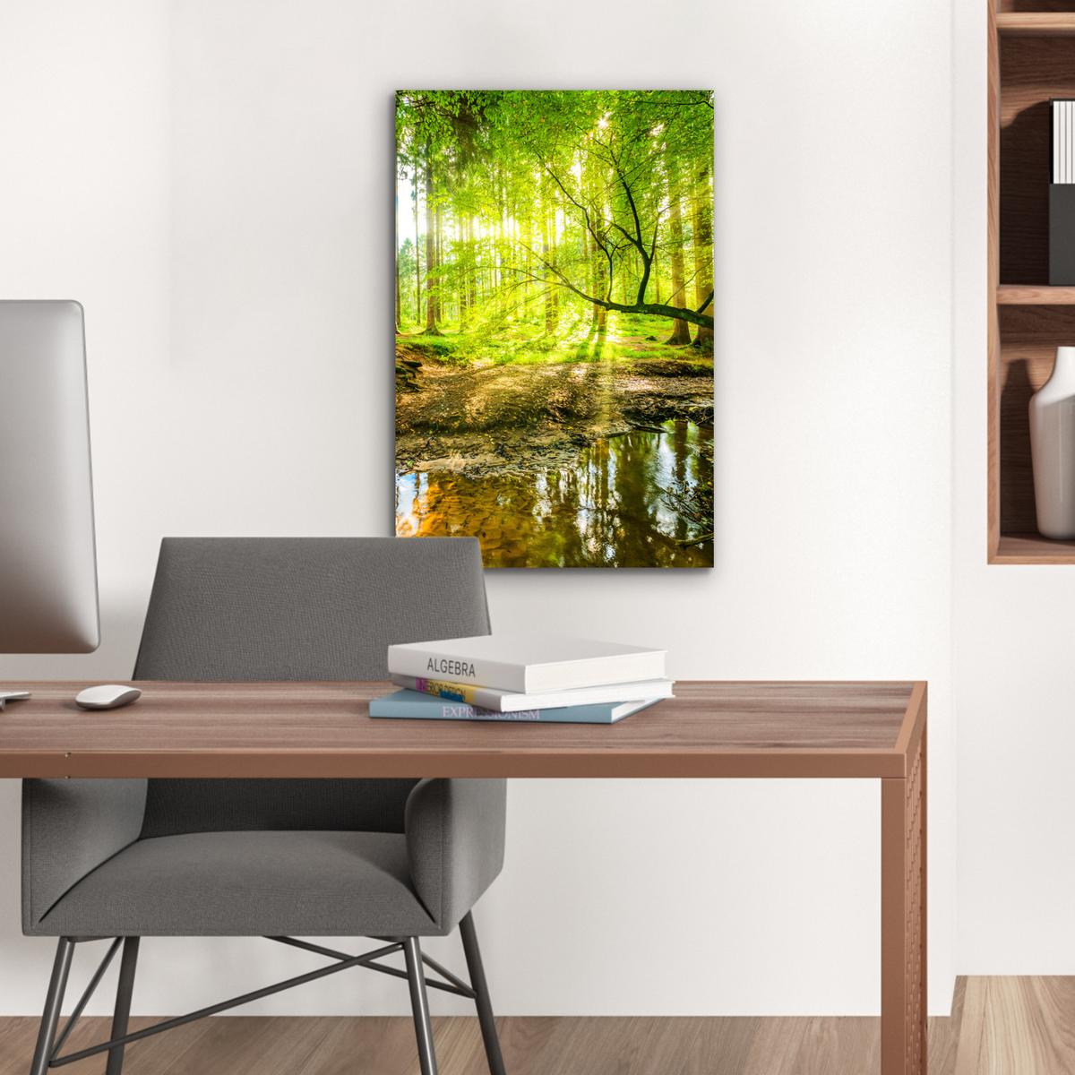 METALLBILD Wald - Landschaft - Wasser - Bäume - Sonne - Grün - Natur Deko Schlafzimmer 40x60 cm - Grün, Metall (40/60cm) - MuchoWow