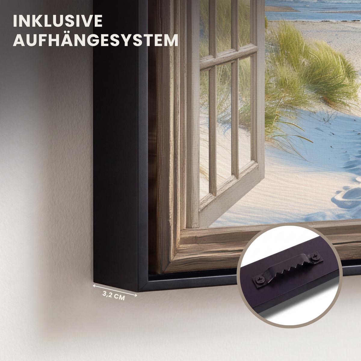 LEINWAND Bilder mit Rahmen - Aussicht - Strand - Fenster - Dünen - Meer - 20x20 - Hellblau, Textil (20/20cm) - MuchoWow