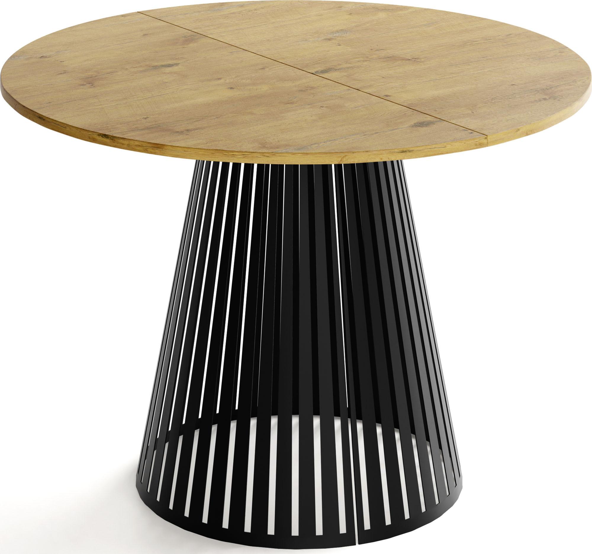 ESSTISCH Naro rund ausziehbar mit Schwarzem Lamellen-Metallgestell, Braun 120-200/120/76 cm - Eichefarben/Schwarz, Holzwerkstoff/Metall (120/196/76cm) - WFL GROUP