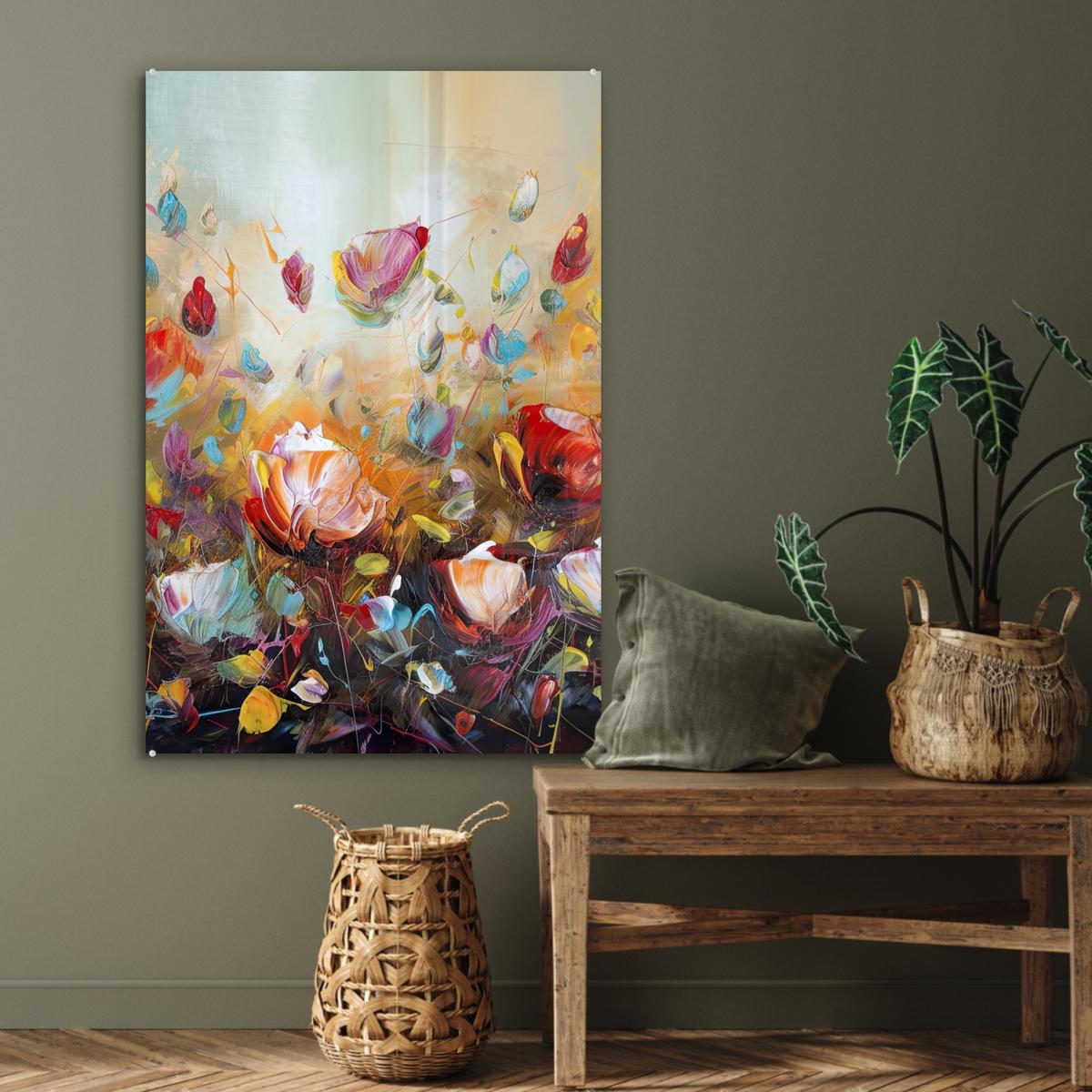 ACRYLGLASBILD Blumen - Kunst - Natur - Ölgemälde 80x120 cm - Multicolor, Glas (80/120cm) - MuchoWow