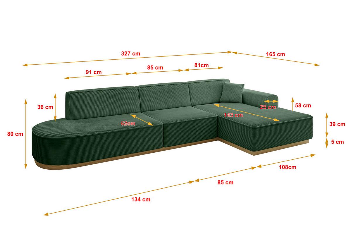 ECKSOFA Ottomane Rechts IREA-L2-v2 - 327x165x80 cm Grün - Currygelb, Holzwerkstoff/Textil (327/165cm) - ALTDECOR