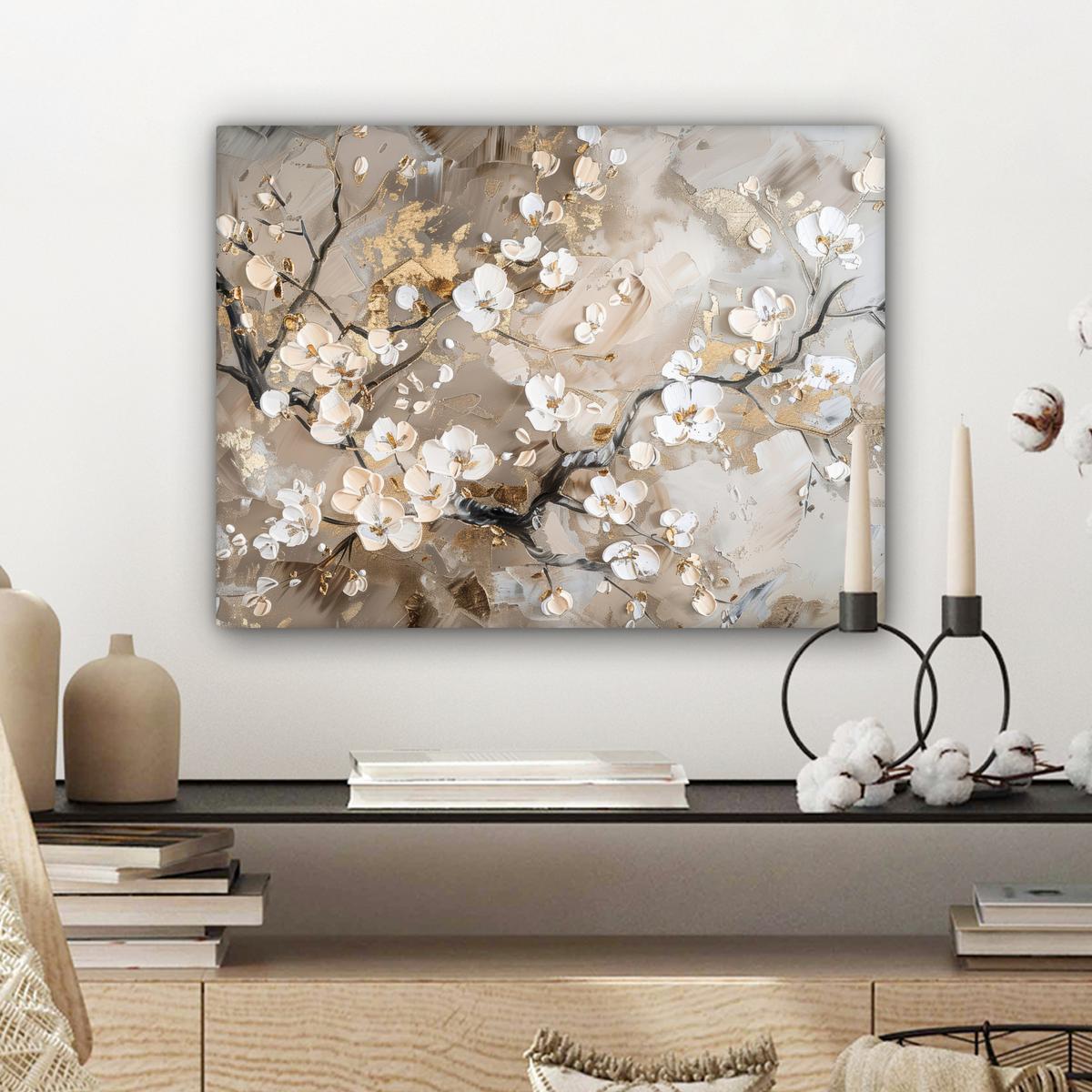 LEINWANDBILD Blumen - Weiß - Gold - Beige - Luxus Wandbild 40x30 cm - Greige, Textil (40/30cm) - MuchoWow