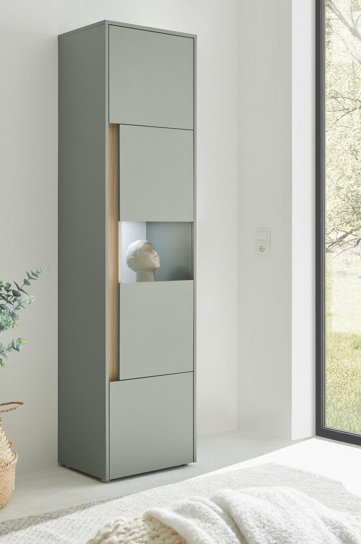 VITRINE Salbei grün, Barista Eiche 50 x 197 cm, Vitrinenschrank mit 5 Fächern - Salbeigrün/Eichefarben, Glas/Holzwerkstoff (50/197/40cm) - Furn.Design