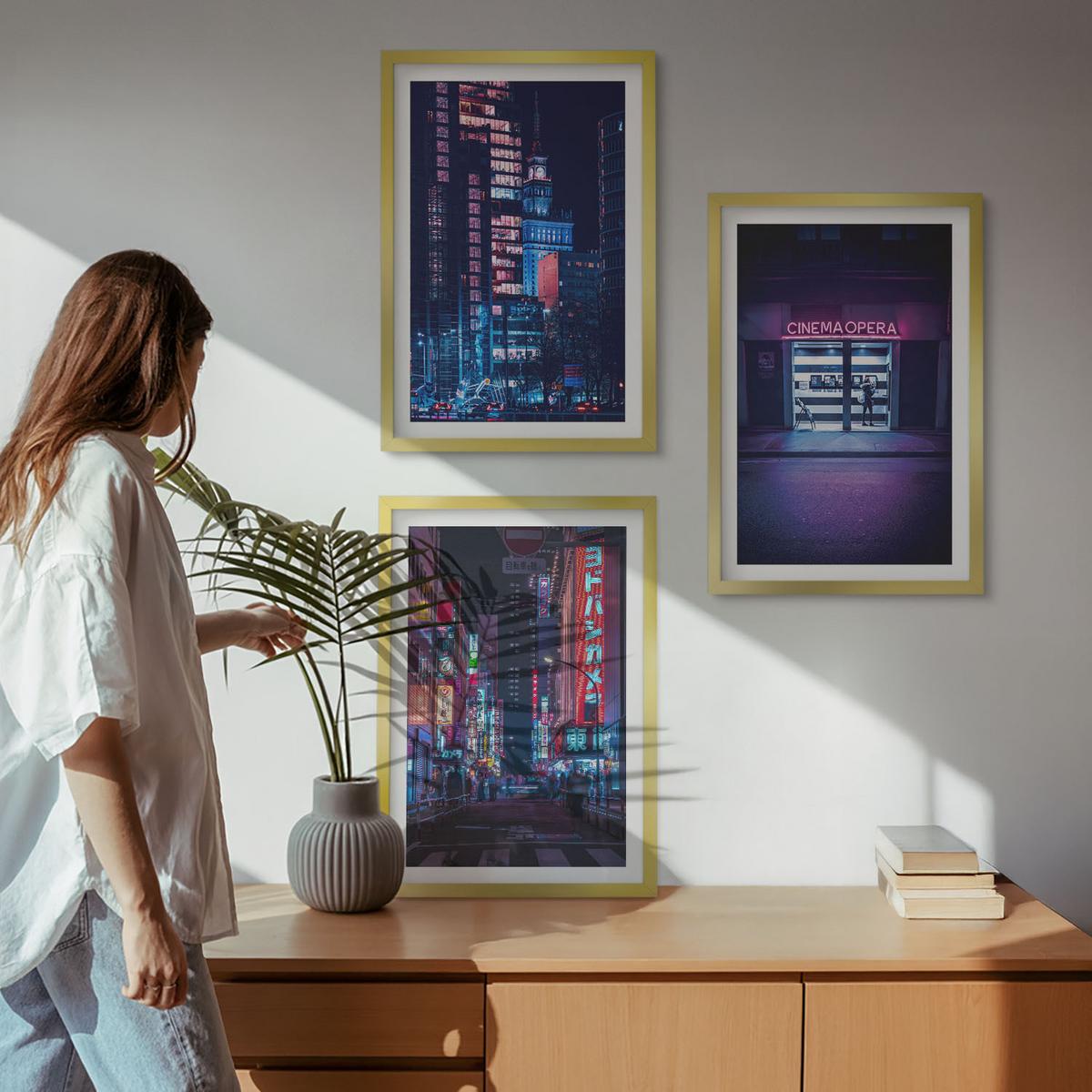 BILDER SET 3er Set - 40x60 cm Goldrahmen - Neon-Eingang zur nächtlichen Stadt - Goldfarben, Kunststoff (40/60cm) - TULUP