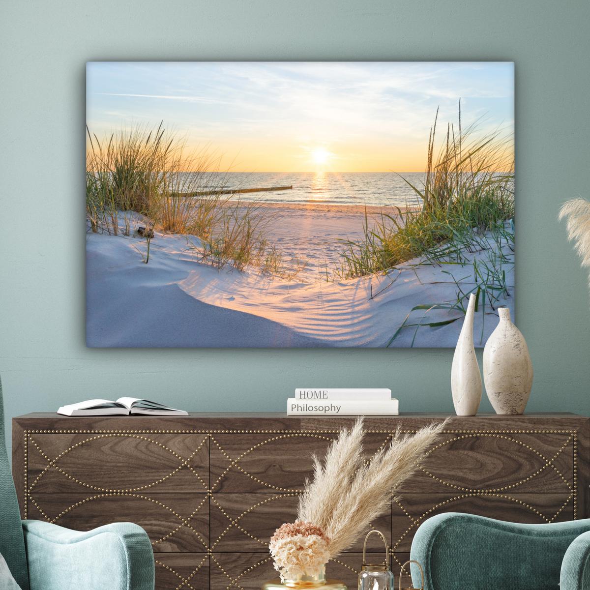 LEINWANDBILD Strand - Sonne - Düne - Gras - Sand - Horizont Groß 140x90 cm - Hellblau, Textil (140/90cm) - MuchoWow