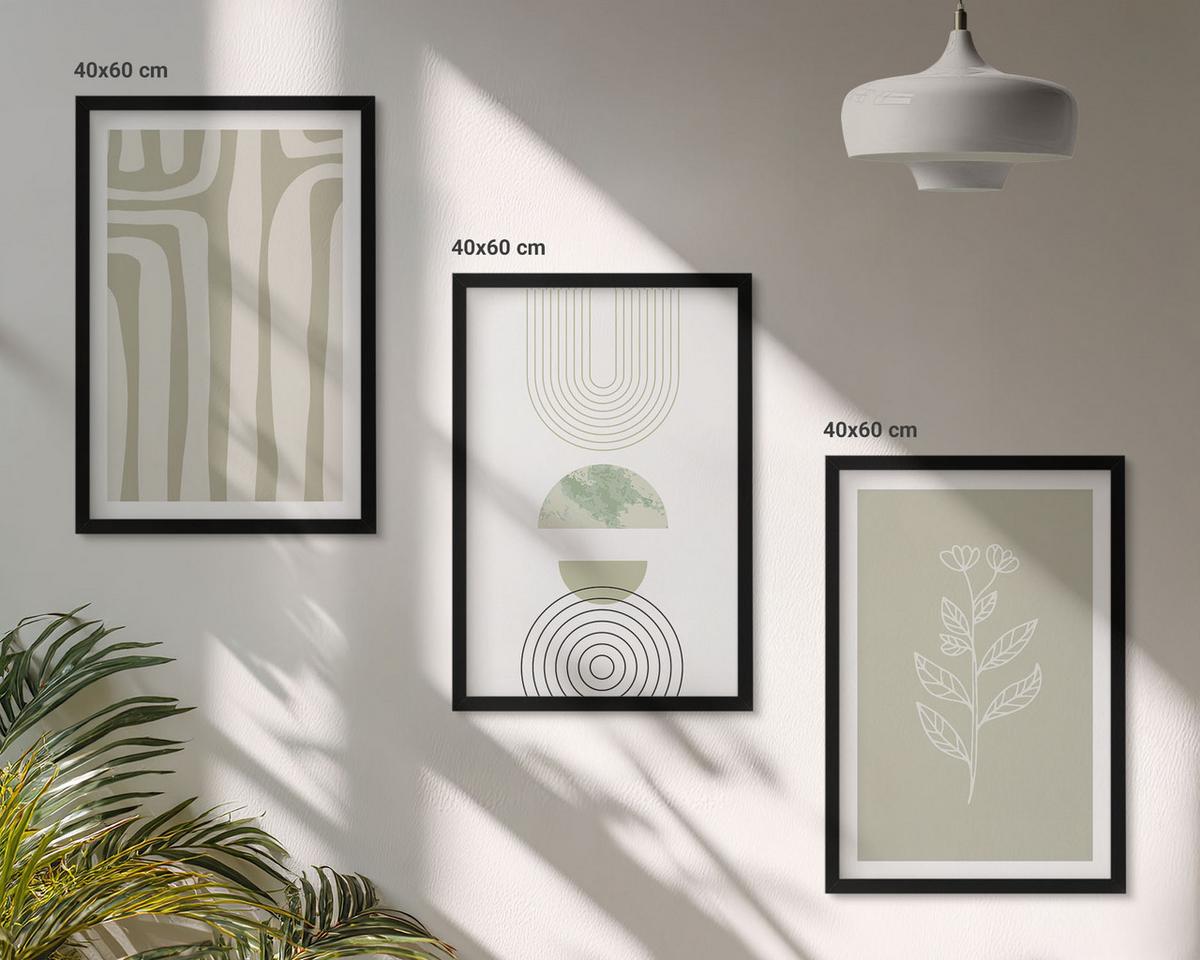 BILDER SET 3er Set - 40x60 cm Schwarzer Rahmen - Geometrische Pflanzenmuster - Schwarz, Kunststoff (40/60cm) - TULUP