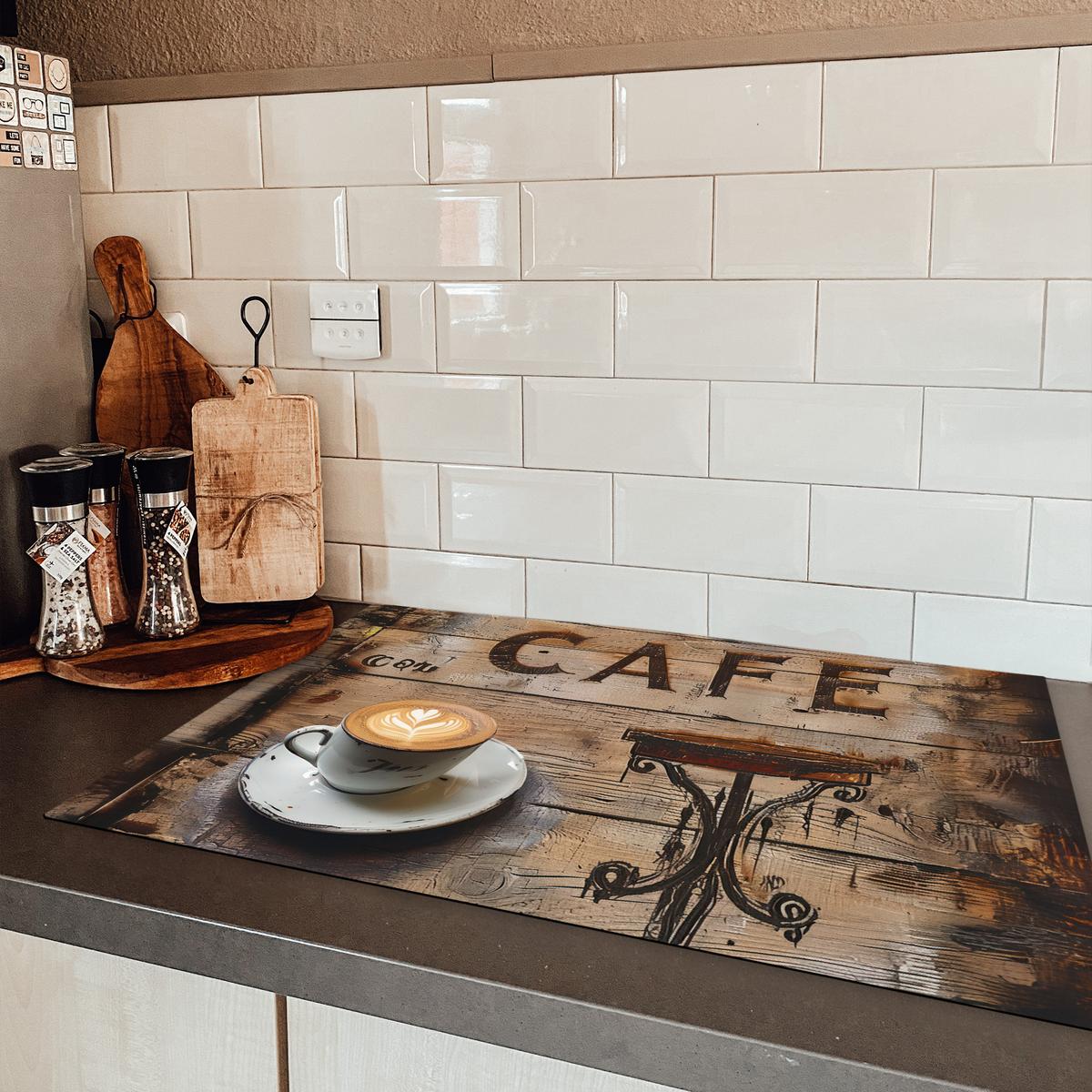 HERDABDECKPLATTE Cafe - Holz - Kaffee - Regale Ceranfeldabdeckung 80x52 cm - Schwarz, Kunststoff (80/52/0.2cm) - MuchoWow